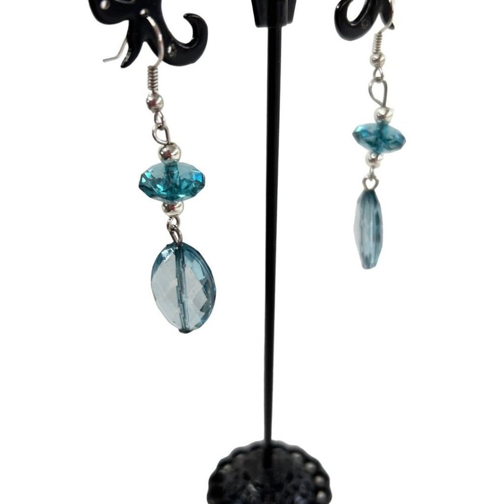 Blue Teal Faceted Acrylic Beaded Hook Pierced Earrings 2.5" Drop Dangle Silverto - Picture 3 of 5
